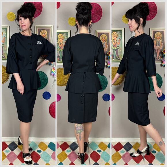Vintage 1980s Black Jacket and Peplum 2-Piece Skirt Suit Set - Picture 3 of 7